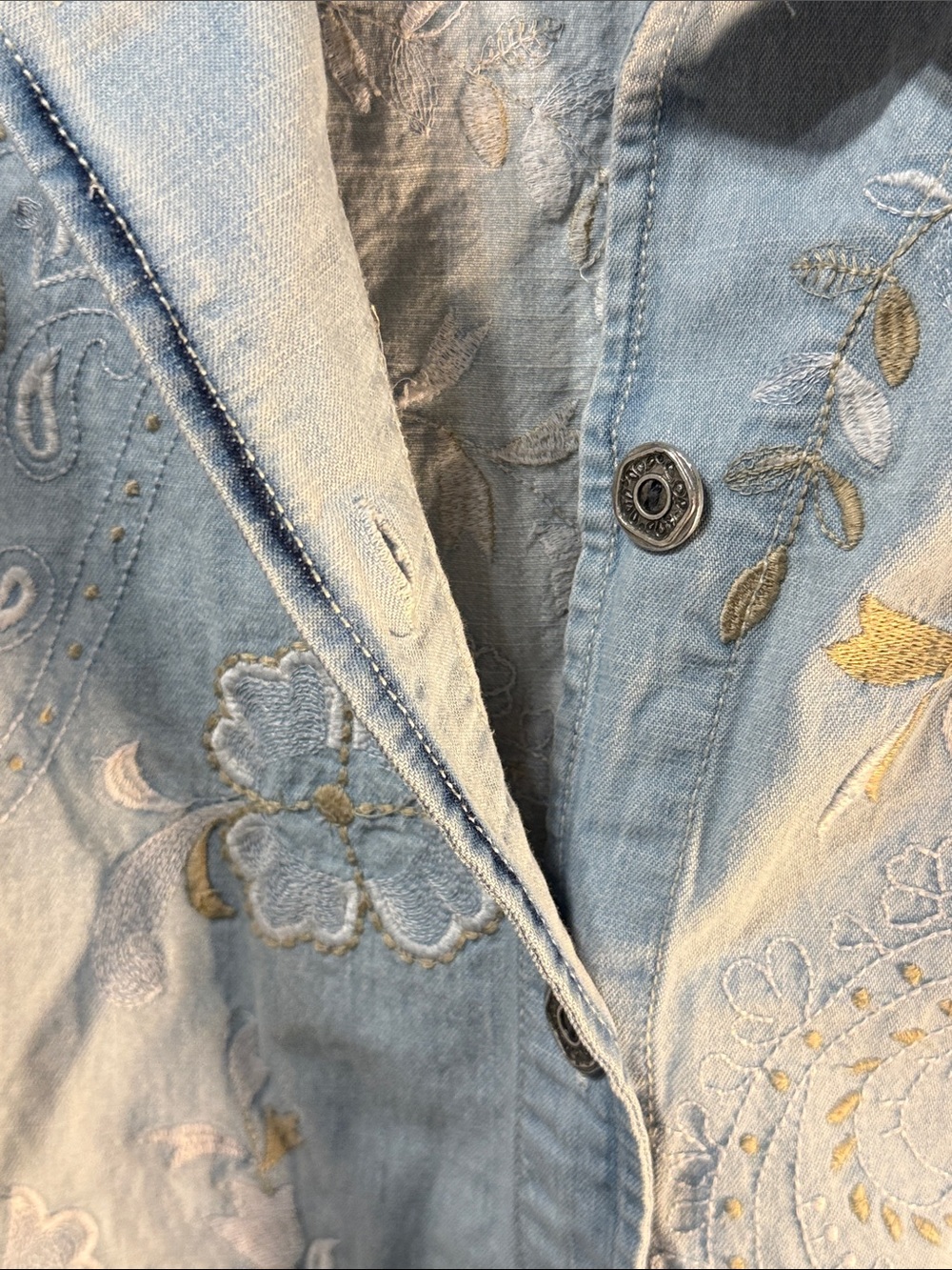 Chico's Light Blue Embroidered Denim shirt with Floral Accents - Picture 6 of 7